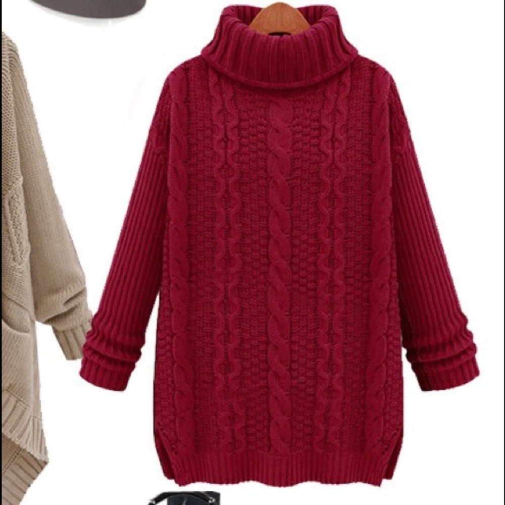 Red cabled turtleneck sweater - Picture 3 of 5